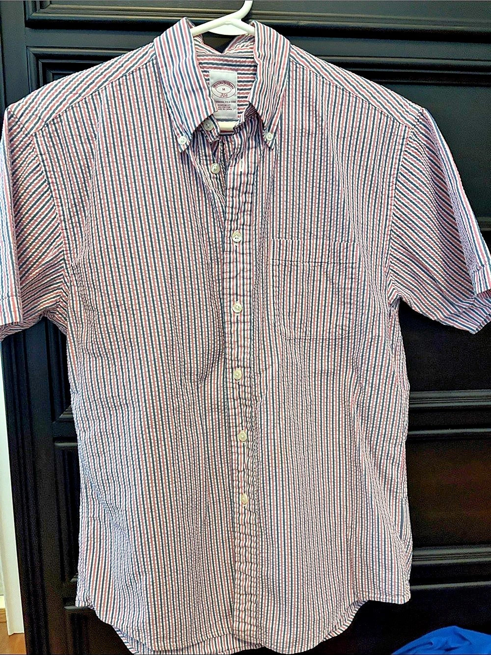 Brooks Brothers Seersucker Shirt Striped Short Sleeve Shirt in Pink &